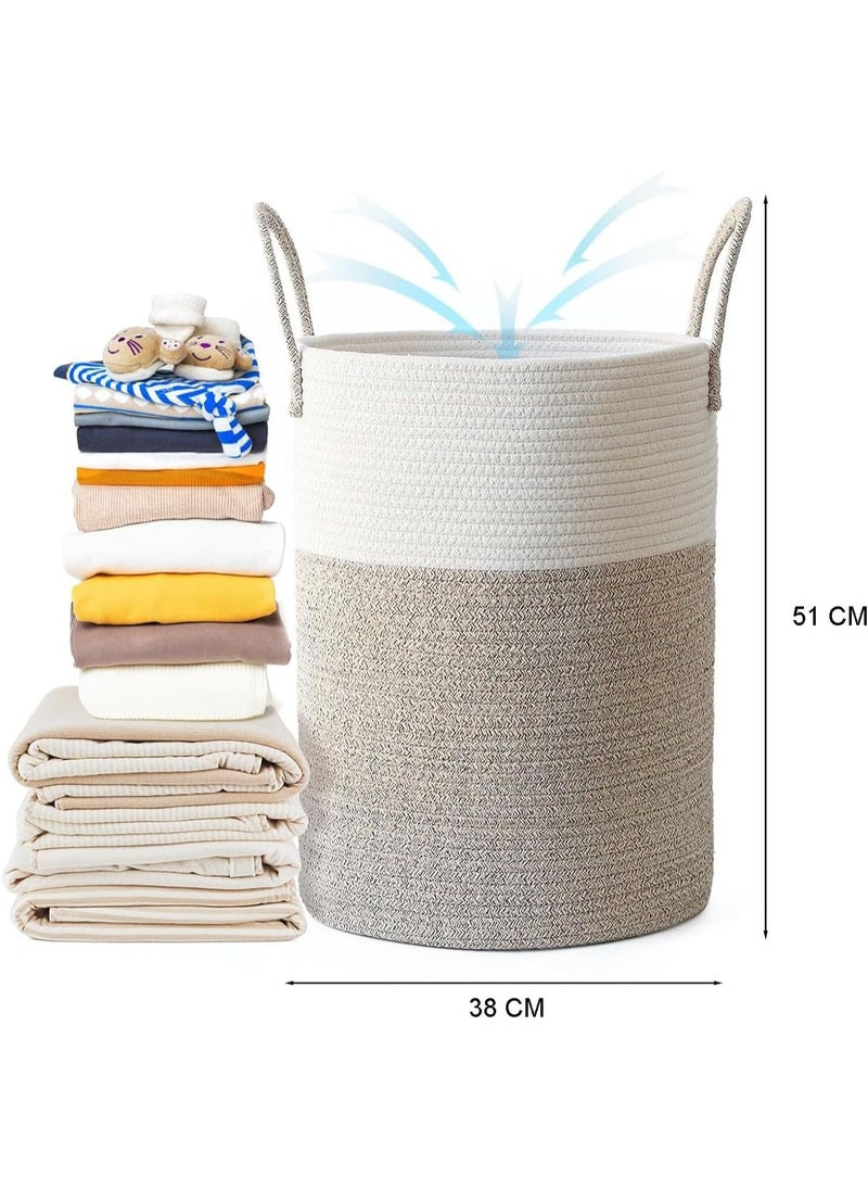 TYCOM Laundry Hamper Cotton Rope Basket Woven Laundry Basket for Blankets Storage Hamper with Handle Comforter Cushions Storage Bins Thread Blanket Towels Home Storage White Light Grey Tall  - Image 3