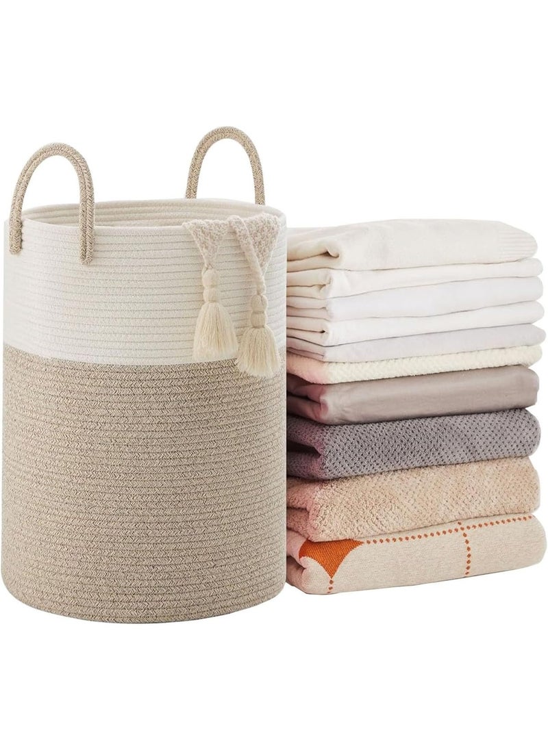 TYCOM Laundry Hamper Cotton Rope Basket Woven Laundry Basket for Blankets Storage Hamper with Handle Comforter Cushions Storage Bins Thread Blanket Towels Home Storage White Light Grey Tall  - Image 1