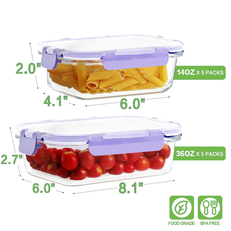 HOMBERKING 10 Pack Borosilicate Glass Meal Prep Containers with Locking Lids, Glass Food Storage Containers Set, Airtight Lunch Bento Boxes, BPA-Free & Leak Proof, 36oz & 14oz, Freezer, Oven Safe-Purple - Image 2