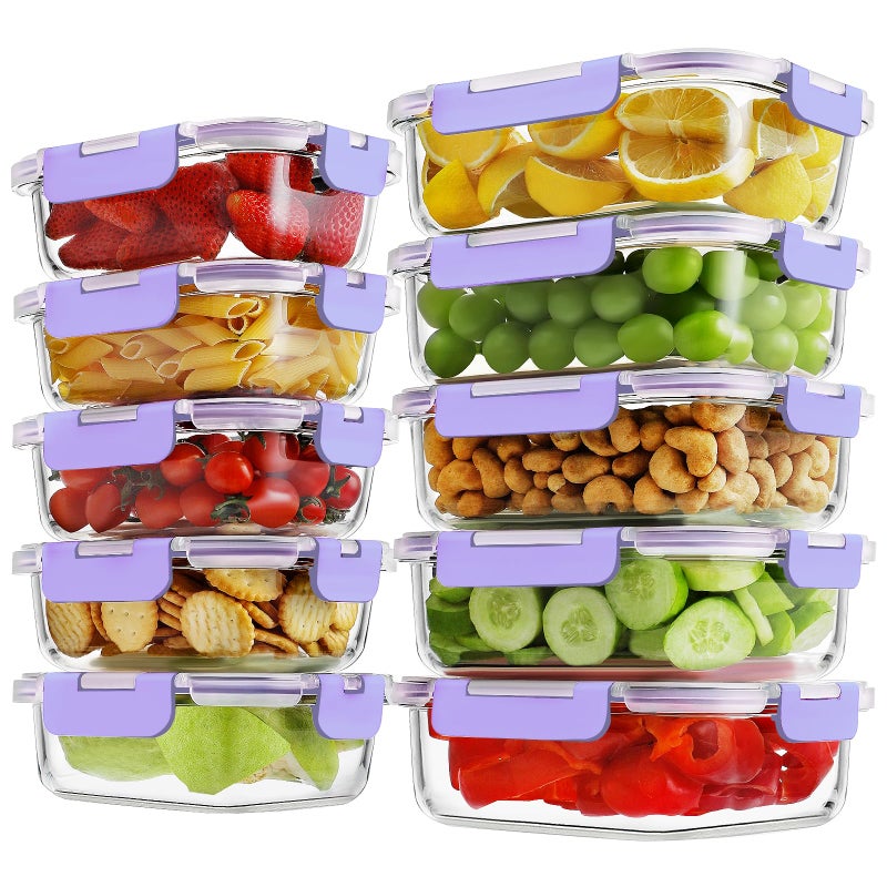 HOMBERKING 10 Pack Borosilicate Glass Meal Prep Containers with Locking Lids, Glass Food Storage Containers Set, Airtight Lunch Bento Boxes, BPA-Free & Leak Proof, 36oz & 14oz, Freezer, Oven Safe-Purple - Image 1
