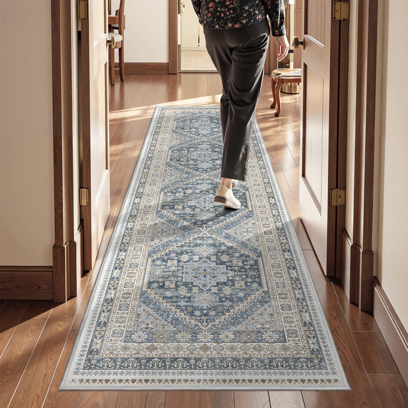 Restydon Runner Rug 2x8 Runners for Hallways Non Slip Washable, Vintage Hallway Runner Rugs for Living Room, Low Pile Soft Hallway Rug for Kitchen Bedroom Laundry Room(Blue/Beige,2'x8') - Image 3