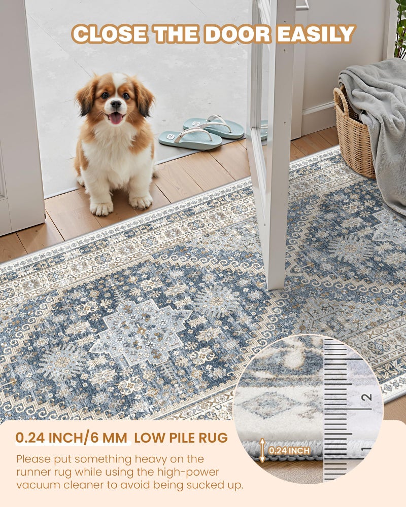 Restydon Runner Rug 2x8 Runners for Hallways Non Slip Washable, Vintage Hallway Runner Rugs for Living Room, Low Pile Soft Hallway Rug for Kitchen Bedroom Laundry Room(Blue/Beige,2'x8') - Image 5