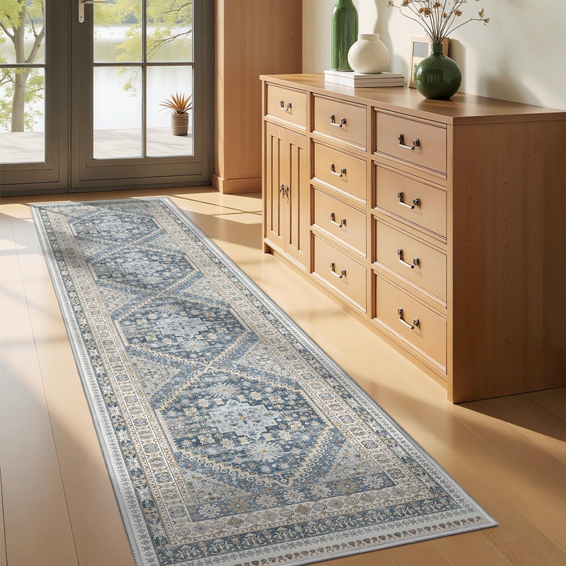 Restydon Runner Rug 2x8 Runners for Hallways Non Slip Washable, Vintage Hallway Runner Rugs for Living Room, Low Pile Soft Hallway Rug for Kitchen Bedroom Laundry Room(Blue/Beige,2'x8') - Image 2