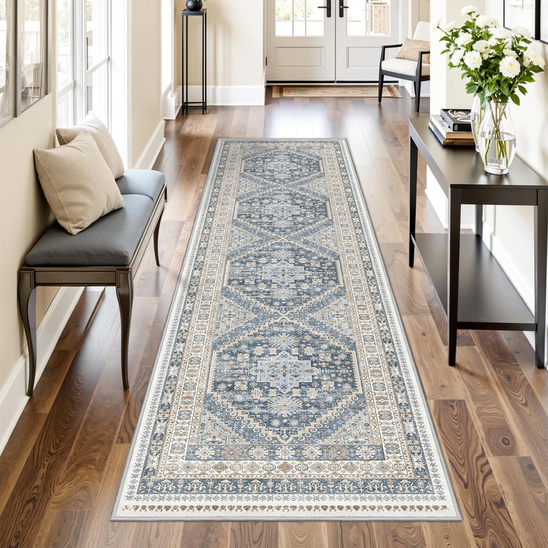 Restydon Runner Rug 2x8 Runners for Hallways Non Slip Washable, Vintage Hallway Runner Rugs for Living Room, Low Pile Soft Hallway Rug for Kitchen Bedroom Laundry Room(Blue/Beige,2'x8') - Image 1