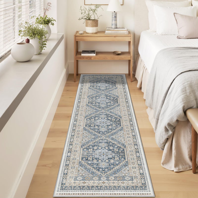 Restydon Runner Rug 2x8 Runners for Hallways Non Slip Washable, Vintage Hallway Runner Rugs for Living Room, Low Pile Soft Hallway Rug for Kitchen Bedroom Laundry Room(Blue/Beige,2'x8') - Image 4