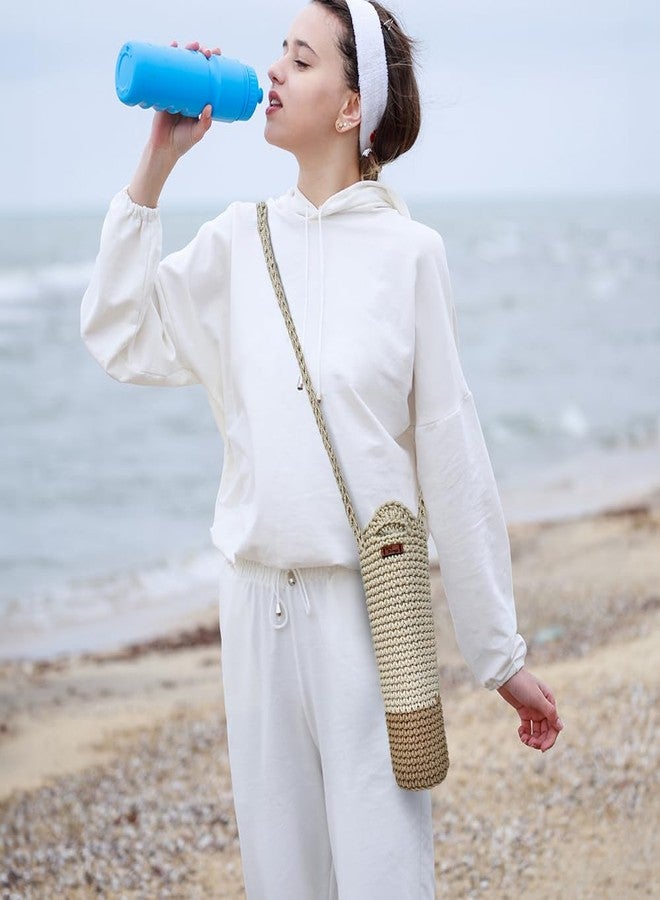 Kind Strings Crochet Sling Bottle Bag Handmade Wine & Water Bottle Holder for 1 Litre Bottles Eco-Friendly Knitted Gift Bag for Travel, Office, Picnic, Gym Off White & Beige - Image 4
