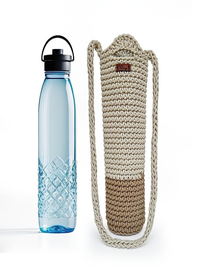 Kind Strings Crochet Sling Bottle Bag Handmade Wine & Water Bottle Holder for 1 Litre Bottles Eco-Friendly Knitted Gift Bag for Travel, Office, Picnic, Gym Off White & Beige - Image 1