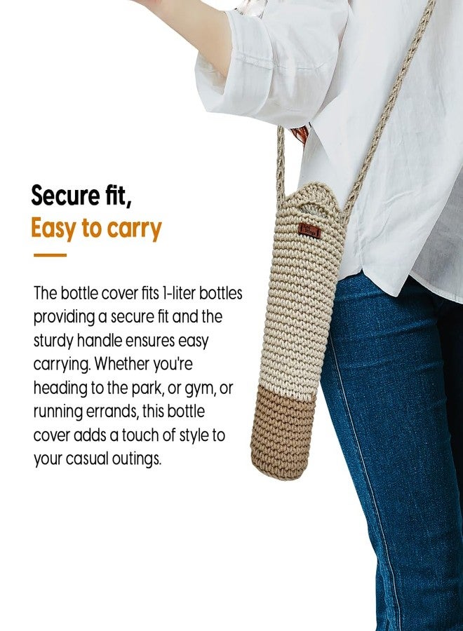 Kind Strings Crochet Sling Bottle Bag Handmade Wine & Water Bottle Holder for 1 Litre Bottles Eco-Friendly Knitted Gift Bag for Travel, Office, Picnic, Gym Off White & Beige - Image 5