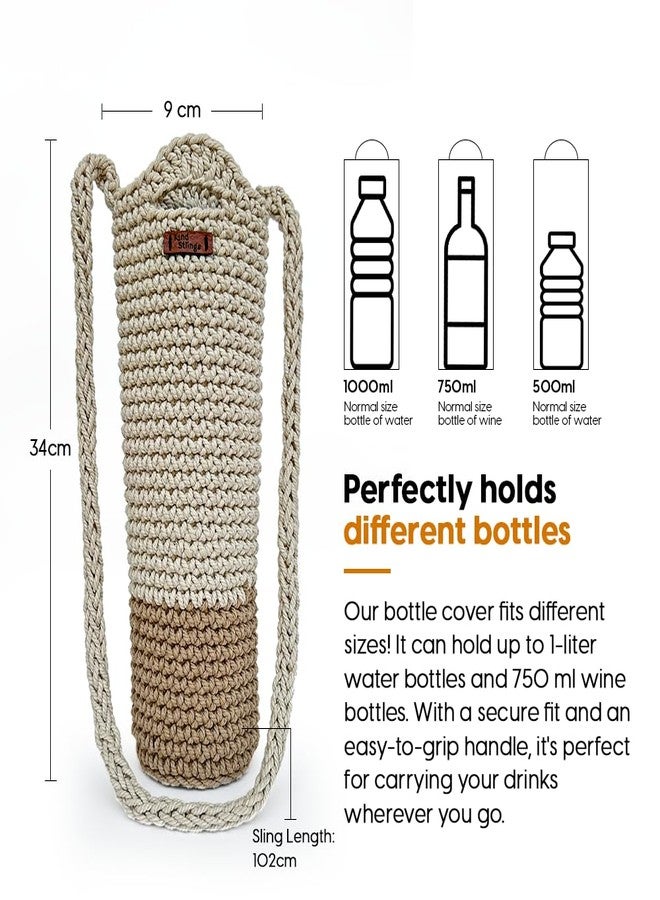 Kind Strings Crochet Sling Bottle Bag Handmade Wine & Water Bottle Holder for 1 Litre Bottles Eco-Friendly Knitted Gift Bag for Travel, Office, Picnic, Gym Off White & Beige - Image 2