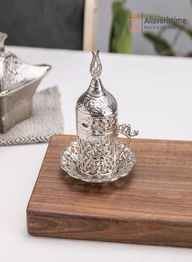 Alisveristime Turkish Coffee Set for Two - Authentic Ottoman Style Cups, Saucers, and Serving Tray with Lale Motifs (Acur) (Silver) - Image 4