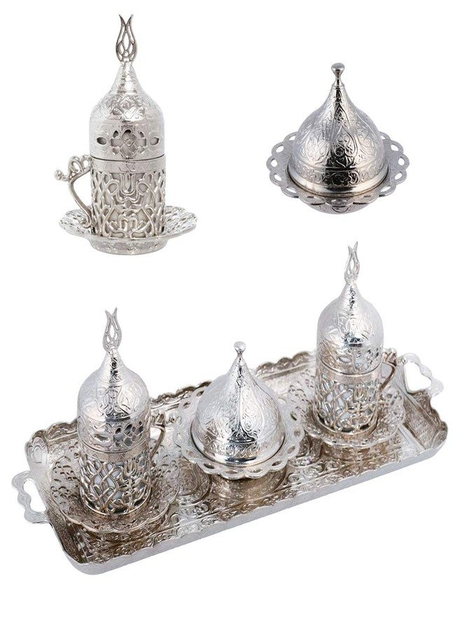 Alisveristime Turkish Coffee Set for Two - Authentic Ottoman Style Cups, Saucers, and Serving Tray with Lale Motifs (Acur) (Silver) - Image 1