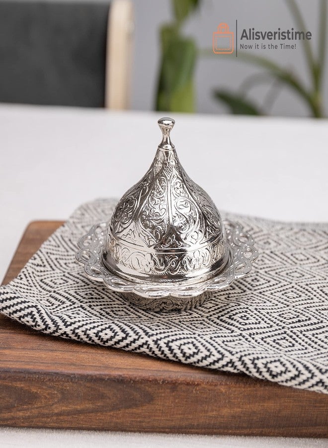 Alisveristime Turkish Coffee Set for Two - Authentic Ottoman Style Cups, Saucers, and Serving Tray with Lale Motifs (Acur) (Silver) - Image 3