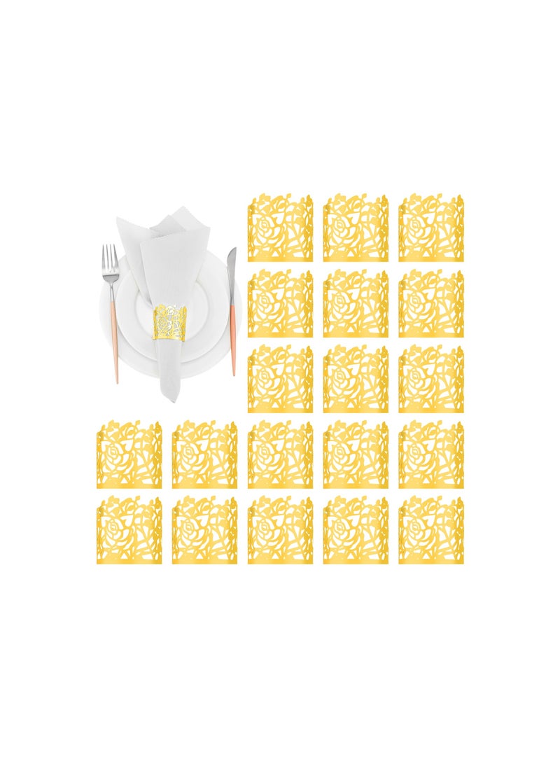 SOLARAE Rose Flower Paper Napkin Rings Gold Disposable Paper Napkin Holder Laser Cut Hollow Napkin Bands Leaf Vine Serviette Rings for Festivals Wedding Party Dinner Events Table Decoration 50 Pcs - Image 1