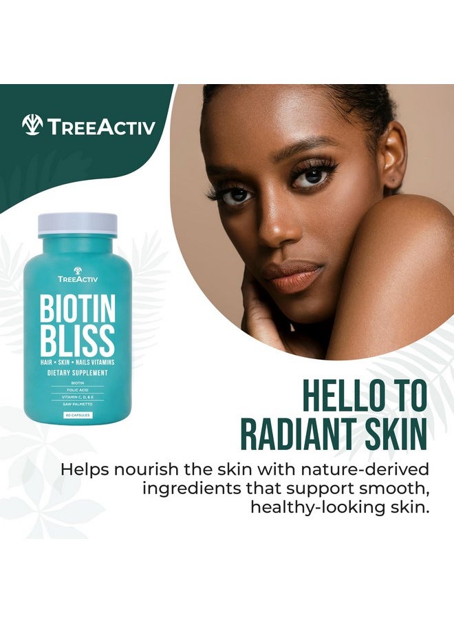 TreeActiv Biotin Bliss Skin Hair Nails Vitamins + Saw Palmetto Supplement Volumizer & Thickening Formula for Men Women Folate MSM B Complex for Hair Growth & Strength 60 Capsules 30-Day Supply  - Image 3