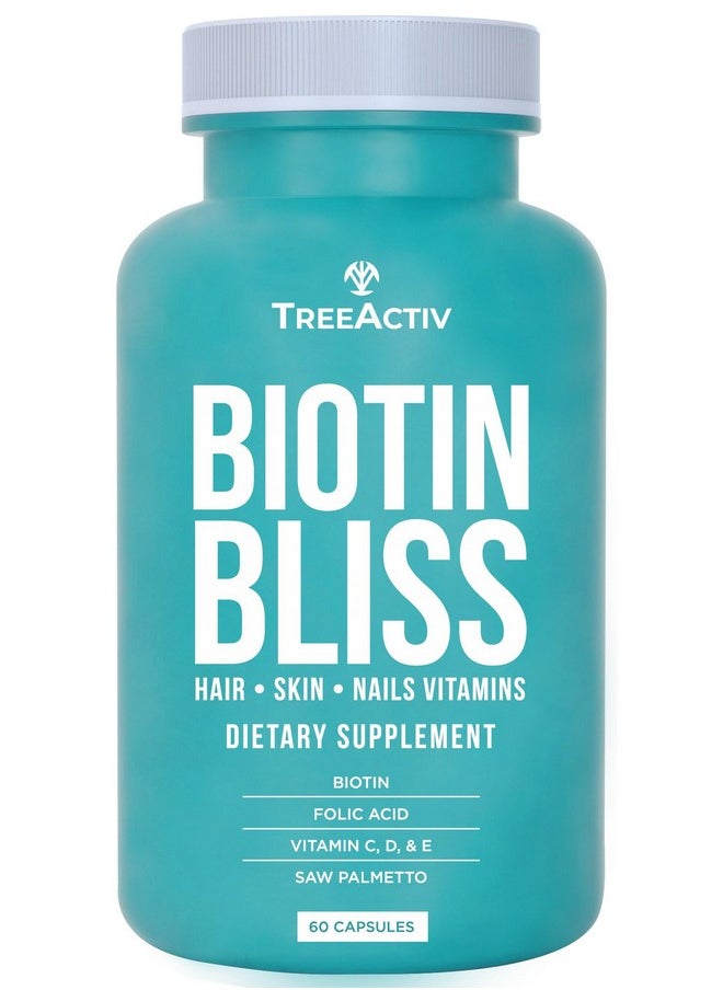 TreeActiv Biotin Bliss Skin Hair Nails Vitamins + Saw Palmetto Supplement Volumizer & Thickening Formula for Men Women Folate MSM B Complex for Hair Growth & Strength 60 Capsules 30-Day Supply  - Image 1