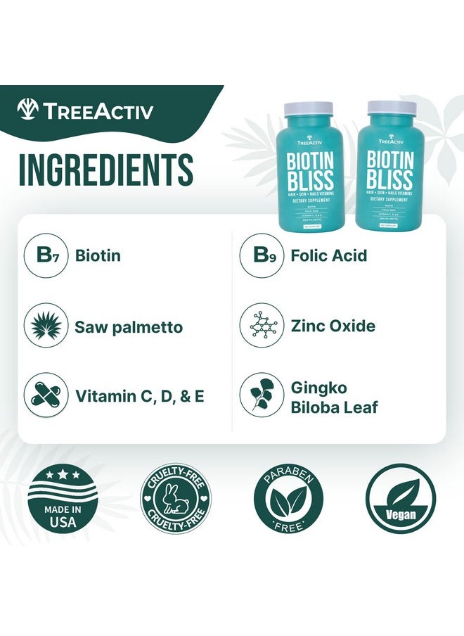 TreeActiv Biotin Bliss Skin Hair Nails Vitamins + Saw Palmetto Supplement Volumizer & Thickening Formula for Men Women Folate MSM B Complex for Hair Growth & Strength 60 Capsules 30-Day Supply  - Image 5