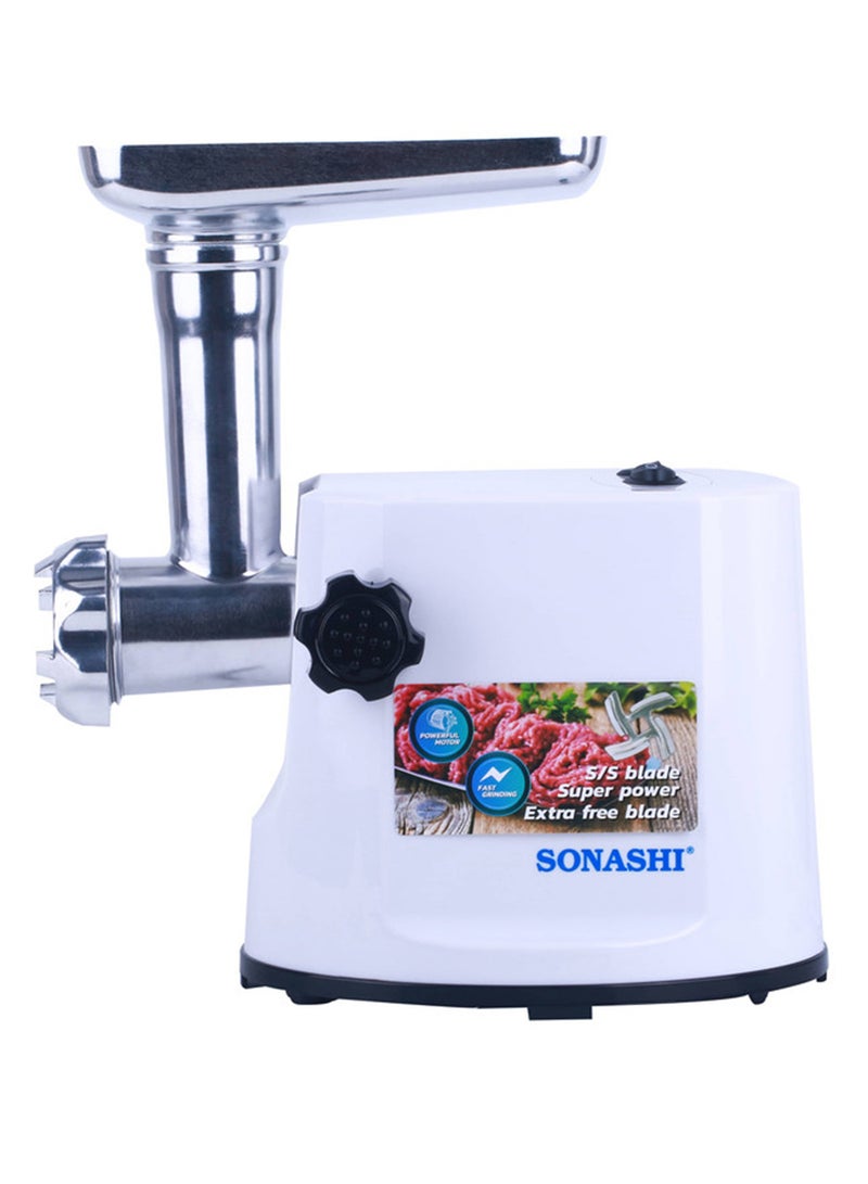 SONASHI Meat Grinder - Electric Meat Grinder with 2 Cutting Plates, Reverse Function, Stainless Steel Blade | Comes with Large Capacity Metal Hopper 300 W SMG-022N White - Image 3