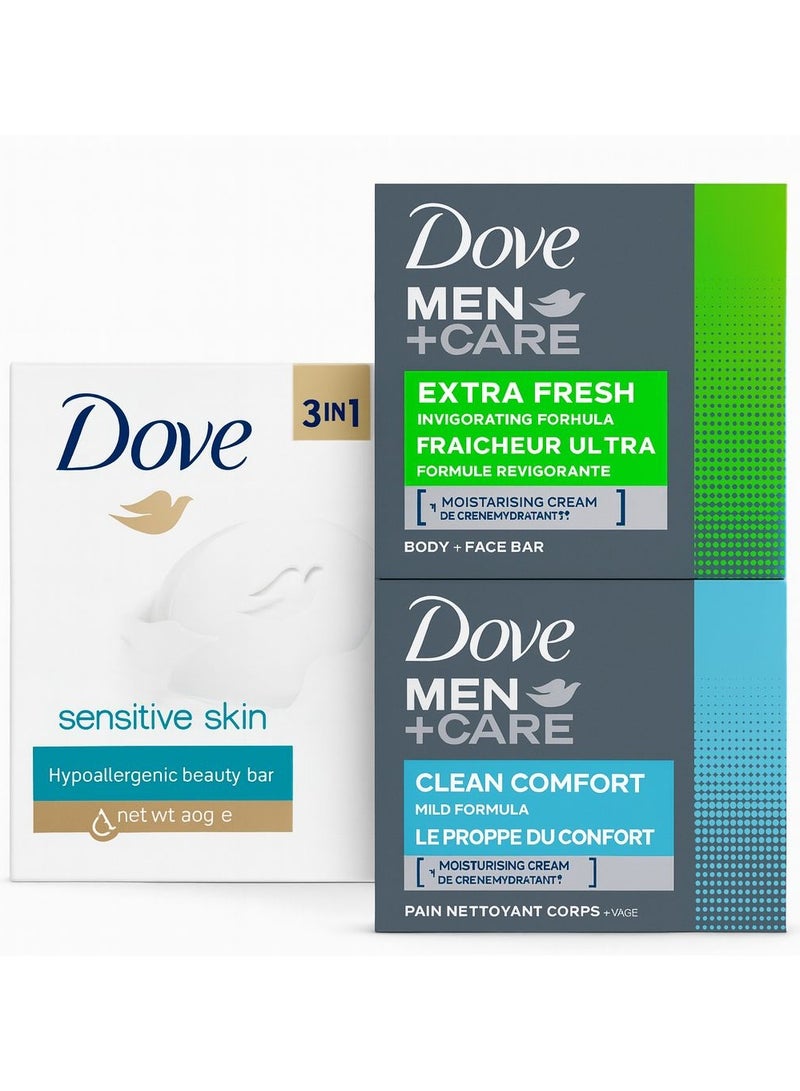 دوف مجموعة صابون دوف الأصلية - صابون تجميل للبشرة الحساسة بتركيبة لطيفة 90 غرام، وصابون دوف مين+كير إكسترا فريش 100 غرام، وصابون كلين كومفورت 100 غرام - ترطيب عميق وتنظيف فعال للوجه والجسم