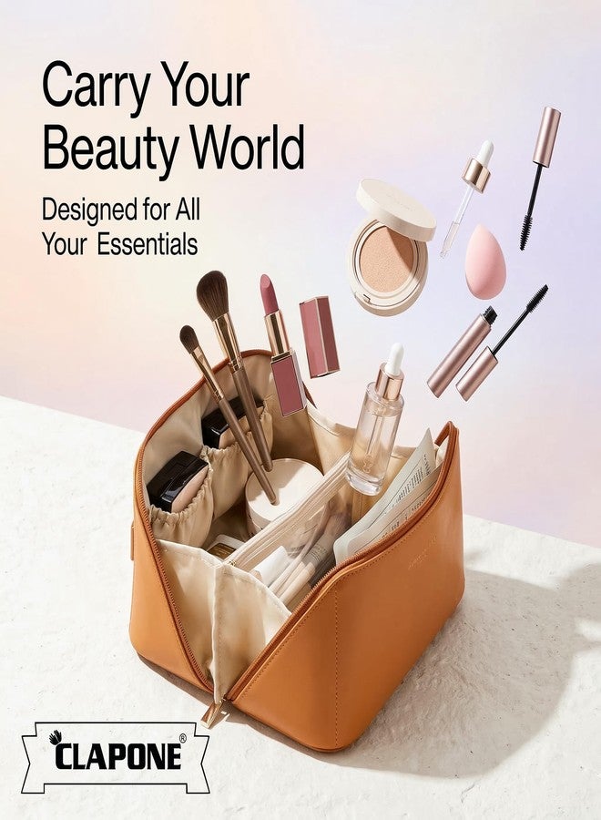 CLAPONE حقيبة مستحضرات تجميل نسائية، حقيبة مكياج من الجلد الصناعي، منظم مكياج للسفر بسعة كبيرة مع مقسم ومقبض، حقيبة تخزين محمولة مقاومة للماء لأدوات النظافة ومستحضرات التجميل - بني - Image 4