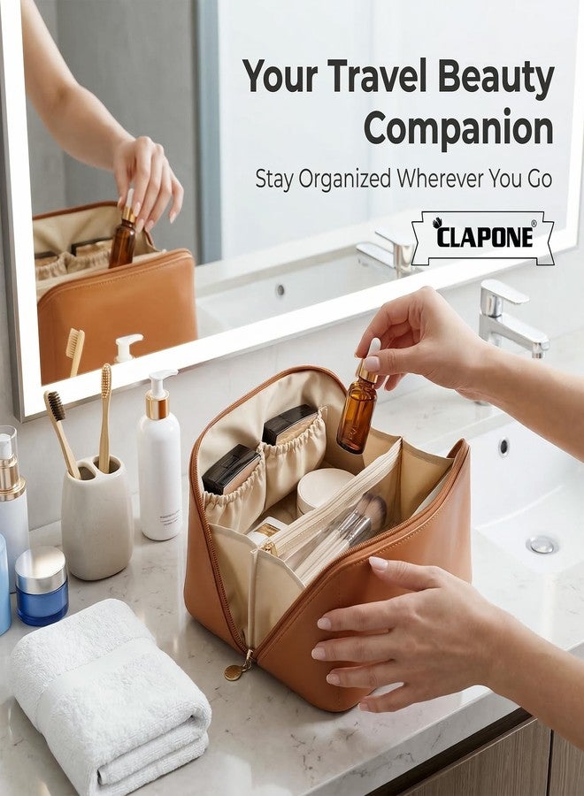 CLAPONE حقيبة مستحضرات تجميل نسائية، حقيبة مكياج من الجلد الصناعي، منظم مكياج للسفر بسعة كبيرة مع مقسم ومقبض، حقيبة تخزين محمولة مقاومة للماء لأدوات النظافة ومستحضرات التجميل - بني - Image 5