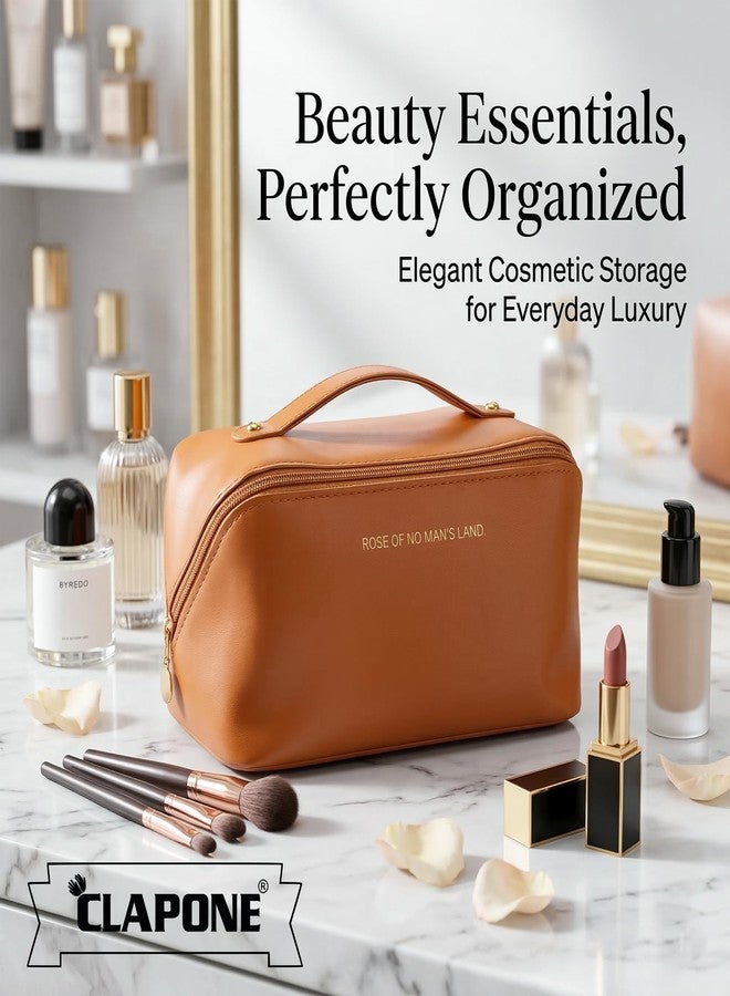 CLAPONE حقيبة مستحضرات تجميل نسائية، حقيبة مكياج من الجلد الصناعي، منظم مكياج للسفر بسعة كبيرة مع مقسم ومقبض، حقيبة تخزين محمولة مقاومة للماء لأدوات النظافة ومستحضرات التجميل - بني - Image 3