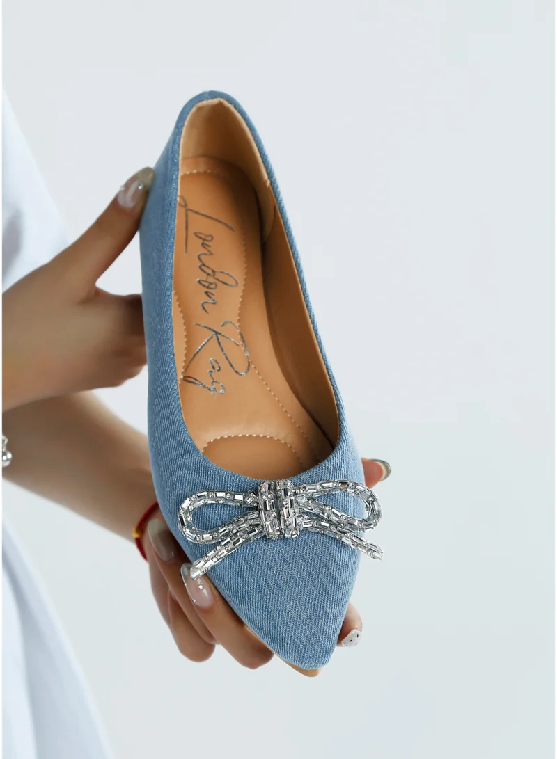London Rag Embellished Bow Detail Ballet Flats in Light Blue