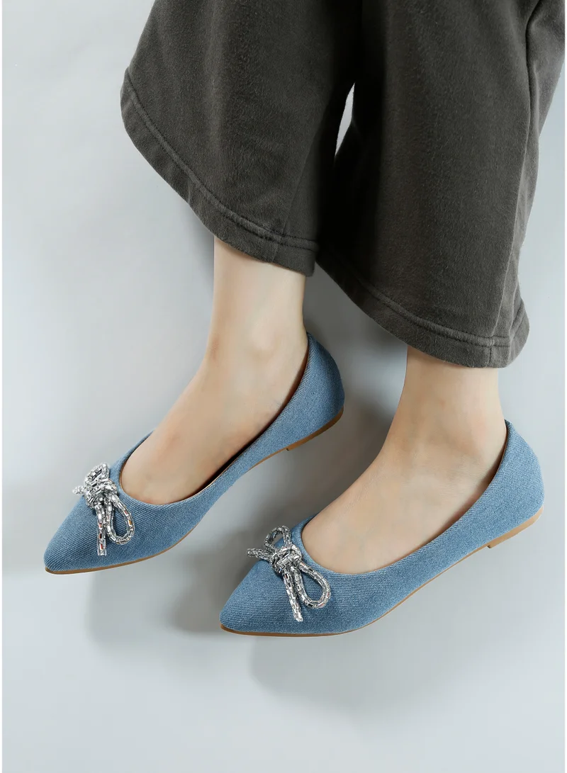 London Rag Embellished Bow Detail Ballet Flats in Light Blue