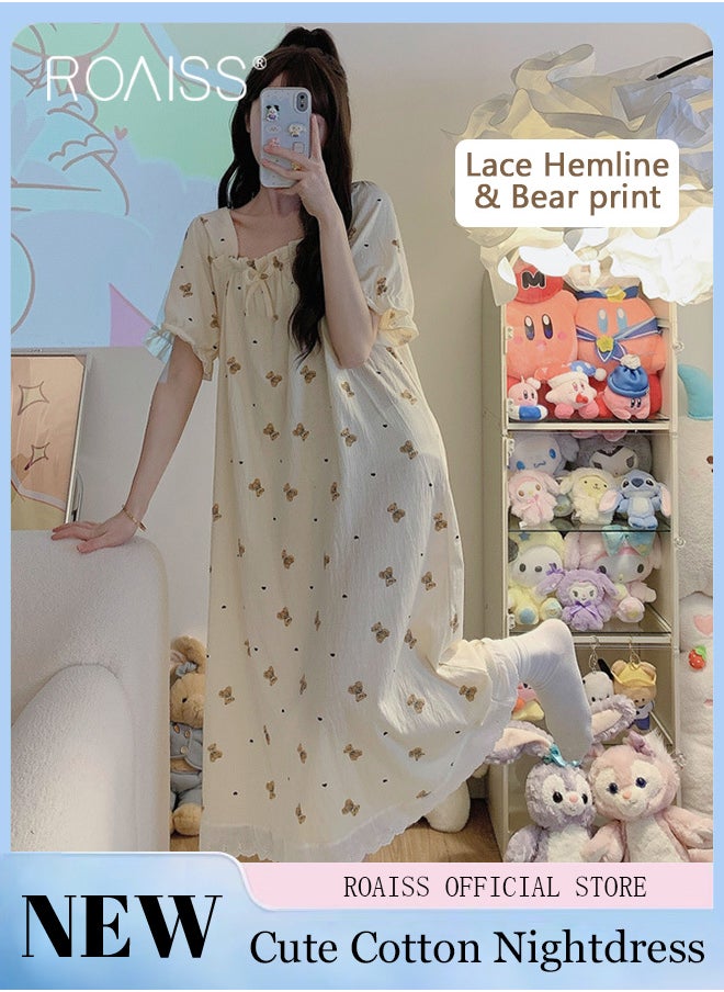 Sweet Cute Nightdress for Women Girls Little Bear Print Nightgown with Lace Trim Summer Thin Short Sleeved Loose Lounge Cotton Pajamas Midi Dress - pzsku/Z92994785FAF041B6B1FEZ/45/_/1702618657/829625f2-c654-4f01-864c-20a8d8a625c3