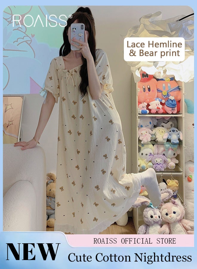 roaiss Sweet Cute Nightdress for Women Girls Little Bear Print Nightgown with Lace Trim Summer Thin Short Sleeved Loose Lounge Cotton Pajamas Midi Dress  - Image 1