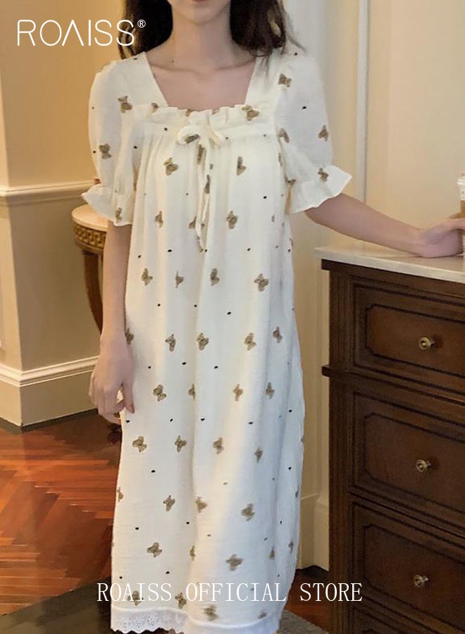 roaiss Sweet Cute Nightdress for Women Girls Little Bear Print Nightgown with Lace Trim Summer Thin Short Sleeved Loose Lounge Cotton Pajamas Midi Dress  - Image 2