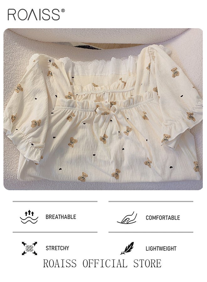roaiss Sweet Cute Nightdress for Women Girls Little Bear Print Nightgown with Lace Trim Summer Thin Short Sleeved Loose Lounge Cotton Pajamas Midi Dress  - Image 4