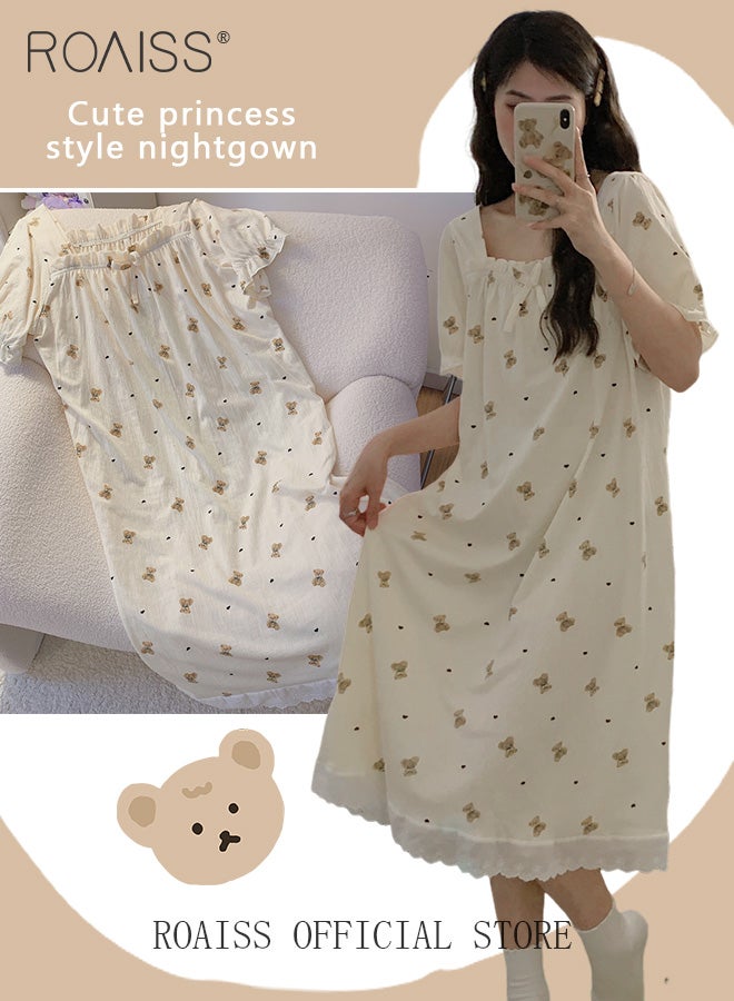 roaiss Sweet Cute Nightdress for Women Girls Little Bear Print Nightgown with Lace Trim Summer Thin Short Sleeved Loose Lounge Cotton Pajamas Midi Dress  - Image 5