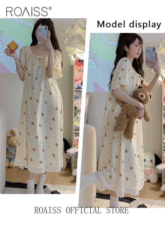 roaiss Sweet Cute Nightdress for Women Girls Little Bear Print Nightgown with Lace Trim Summer Thin Short Sleeved Loose Lounge Cotton Pajamas Midi Dress  - Image 3