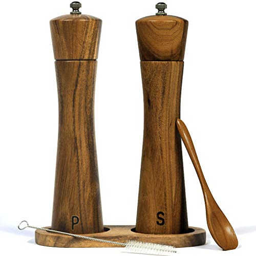 Finnhomy Salt and Pepper Grinder Set, Acacia Wood Adjustable Coarseness Pepper Mill with Wooden Stand, Cleaning Brush & Spoon, Pepper Grinder Refillable, 2 Pack Salt and Pepper Shakers, 8.5 Inches - Image 1