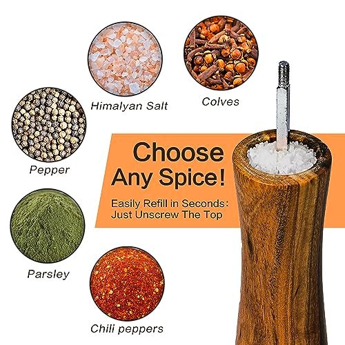 Finnhomy Salt and Pepper Grinder Set, Acacia Wood Adjustable Coarseness Pepper Mill with Wooden Stand, Cleaning Brush & Spoon, Pepper Grinder Refillable, 2 Pack Salt and Pepper Shakers, 8.5 Inches - Image 3