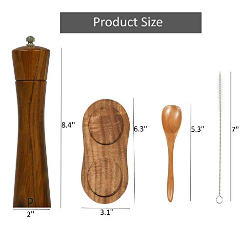 Finnhomy Salt and Pepper Grinder Set, Acacia Wood Adjustable Coarseness Pepper Mill with Wooden Stand, Cleaning Brush & Spoon, Pepper Grinder Refillable, 2 Pack Salt and Pepper Shakers, 8.5 Inches - Image 2