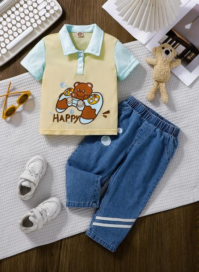 تايك تو Boys Bear Print Polo T-Shirt and Jeans Set