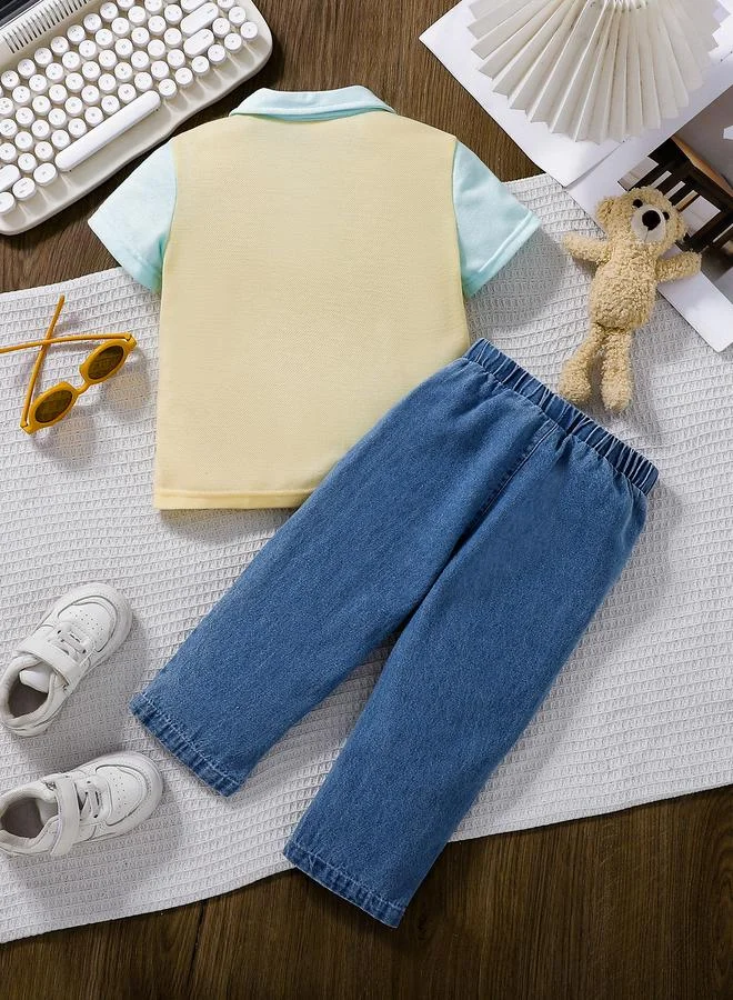 تايك تو Boys Bear Print Polo T-Shirt and Jeans Set
