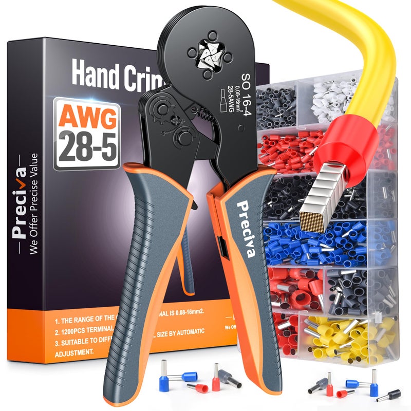 Preciva Ferrule Crimping Tool Kit, Square Crimping Tools, Ratchet Jaw Wire Crimping Pliers for AWG 28-5 with 1200 PCS Terminal Connector Sleeves - Image 1