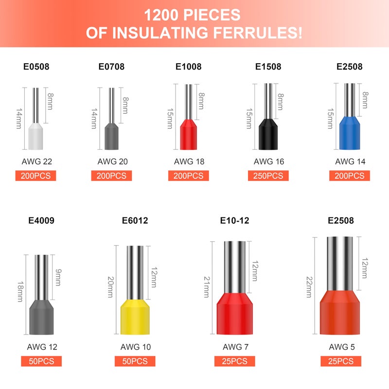 Preciva Ferrule Crimping Tool Kit, Square Crimping Tools, Ratchet Jaw Wire Crimping Pliers for AWG 28-5 with 1200 PCS Terminal Connector Sleeves - Image 5