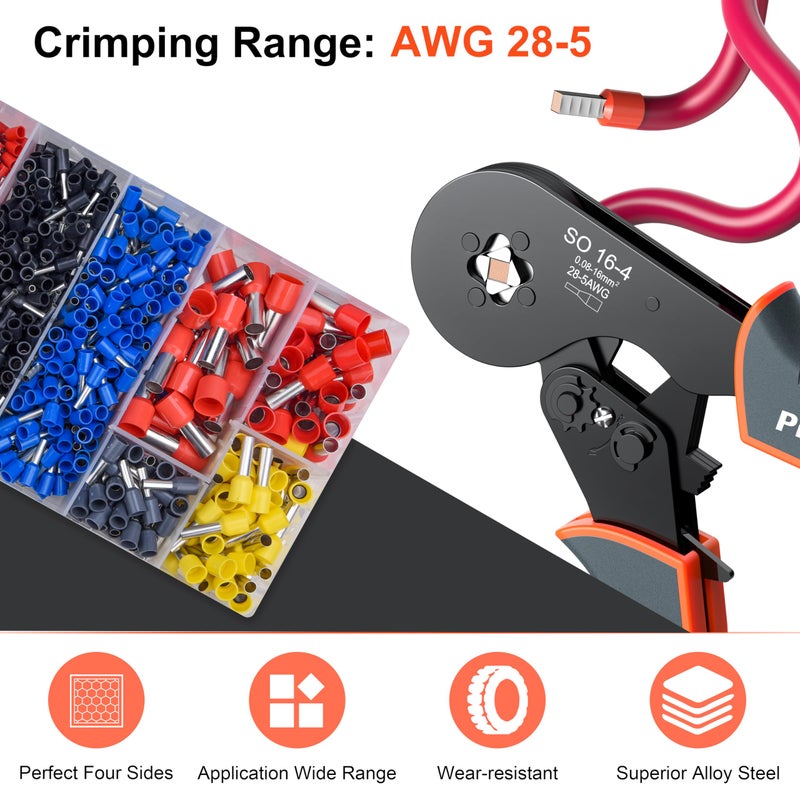 Preciva Ferrule Crimping Tool Kit, Square Crimping Tools, Ratchet Jaw Wire Crimping Pliers for AWG 28-5 with 1200 PCS Terminal Connector Sleeves - Image 2