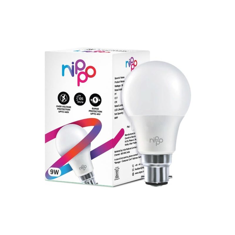 NIPPO 9W LED Bulb (2 Pack) Base 22, Cool Day Light, 1 Year Warranty, Voltage Surge Protection, High Energy Savings - Image 1