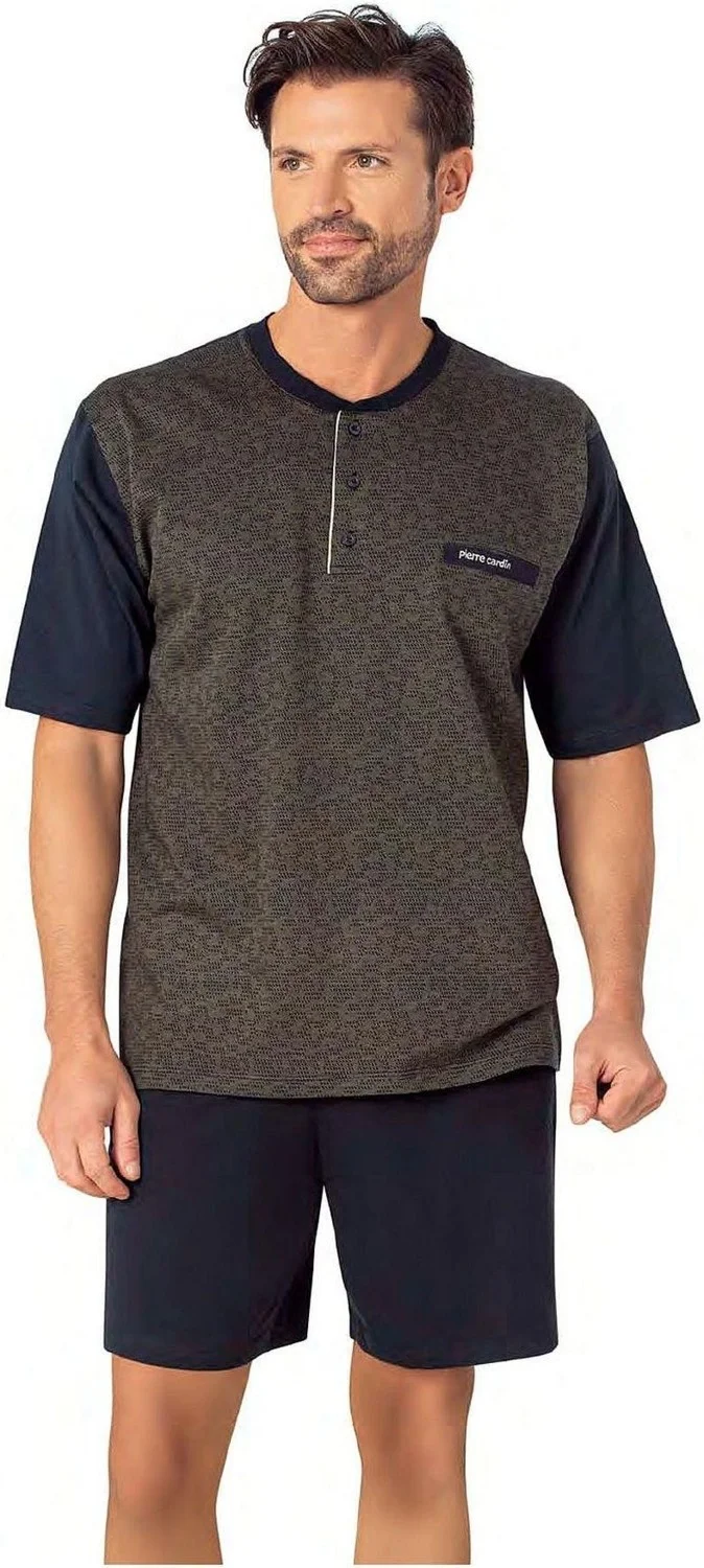 pierre cardin 6088 Men's Short Sleeve 3-Piece Jacquard Pajama Set-Khaki