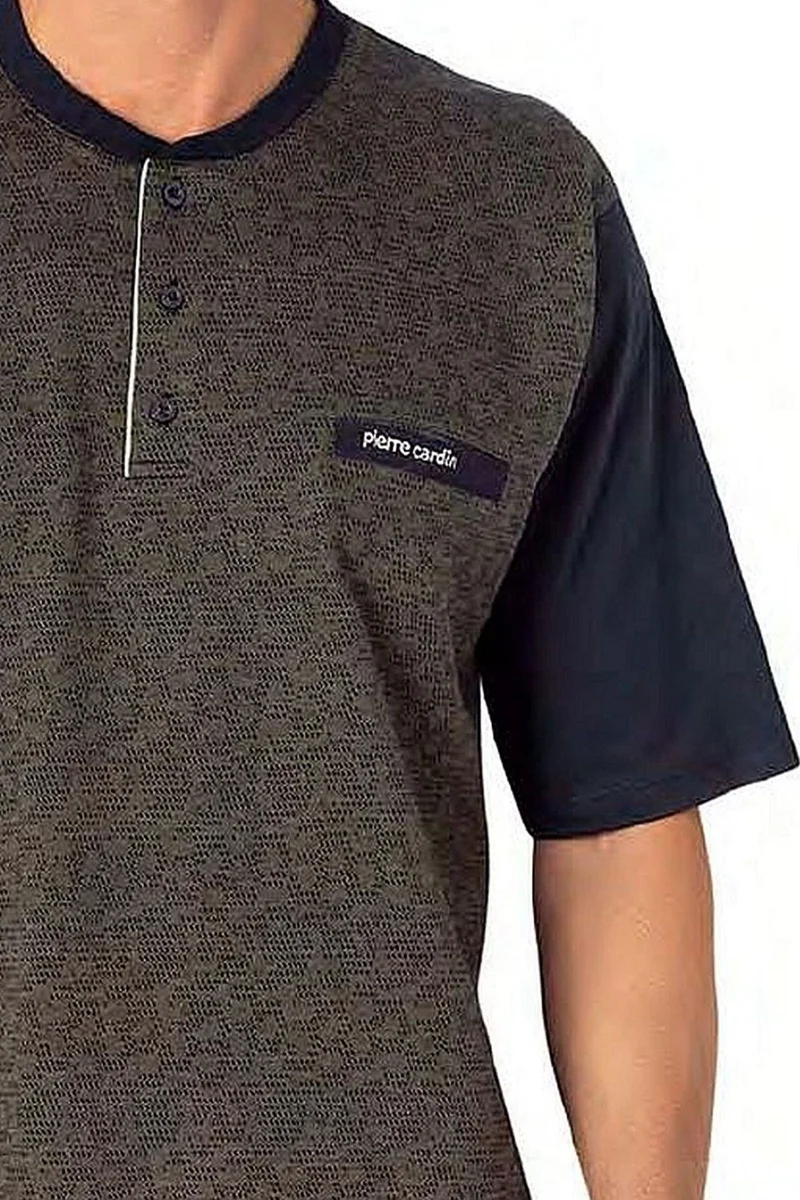pierre cardin 6088 Men's Short Sleeve 3-Piece Jacquard Pajama Set-Khaki