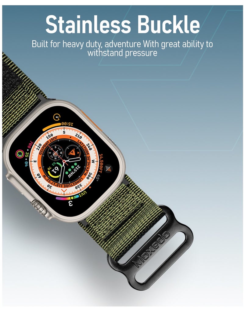 Moxedo حزام رياضي متين من Moxedo Tactical مصنوع من النايلون المضفر القابل للتنفس ومتوافق مع سوار Apple Watch Series 8,7,6,5,4,3,2,1,SE Ultra Military Woven Loop Design مقاس 44 مم و45 مم و49 مم (أخضر عسكري) - Image 5