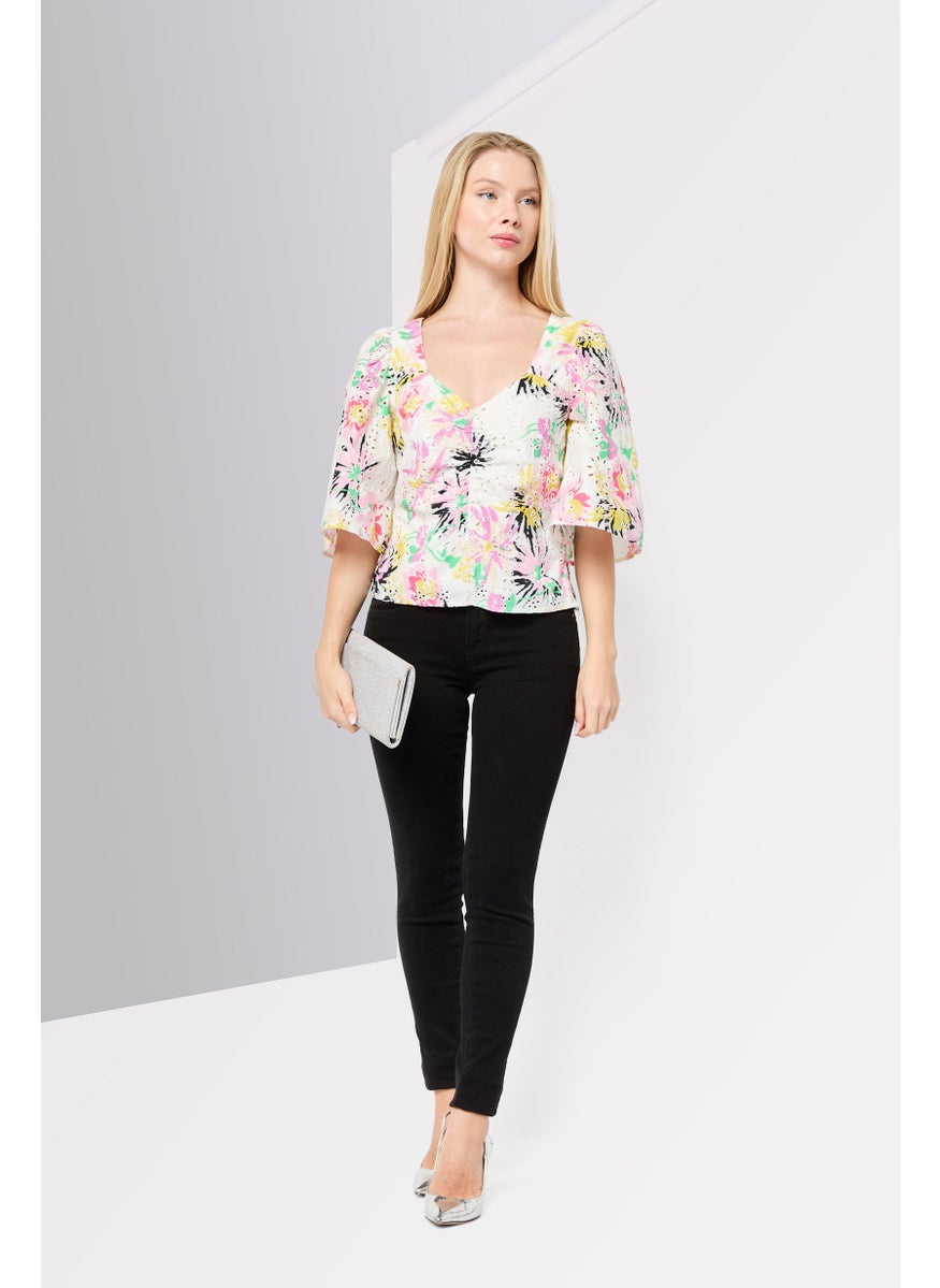 Scotch & Soda Women V-Neck Flutter Sleeve Textured Top, Floral  - Image 2
