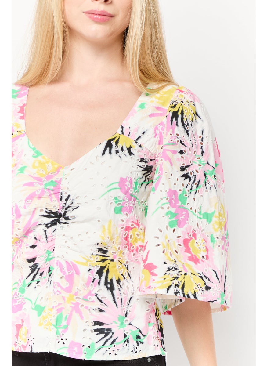 Scotch & Soda Women V-Neck Flutter Sleeve Textured Top, Floral  - Image 3