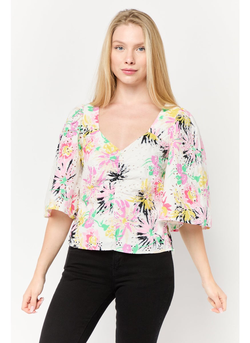 Scotch & Soda Women V-Neck Flutter Sleeve Textured Top, Floral  - Image 1