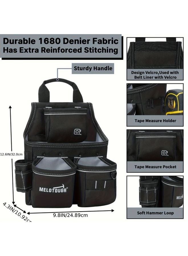 حقيبة أدوات كهربائية سوداء مع حزام تحتوي على 13 جيبًا لنجارين البناء - Image 4