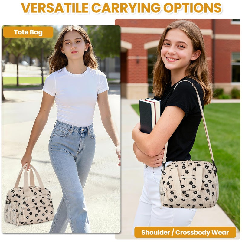 ELONGRIVER Corduroy Insulated Lunch Bag for Women Teen Girls, Portable Adult Lunch Box, Reusable Tote Cooler Bags, Lightweight Womens Lunch Bags with Front Pockets for Work School Picnic Travel,Floral - Image 2